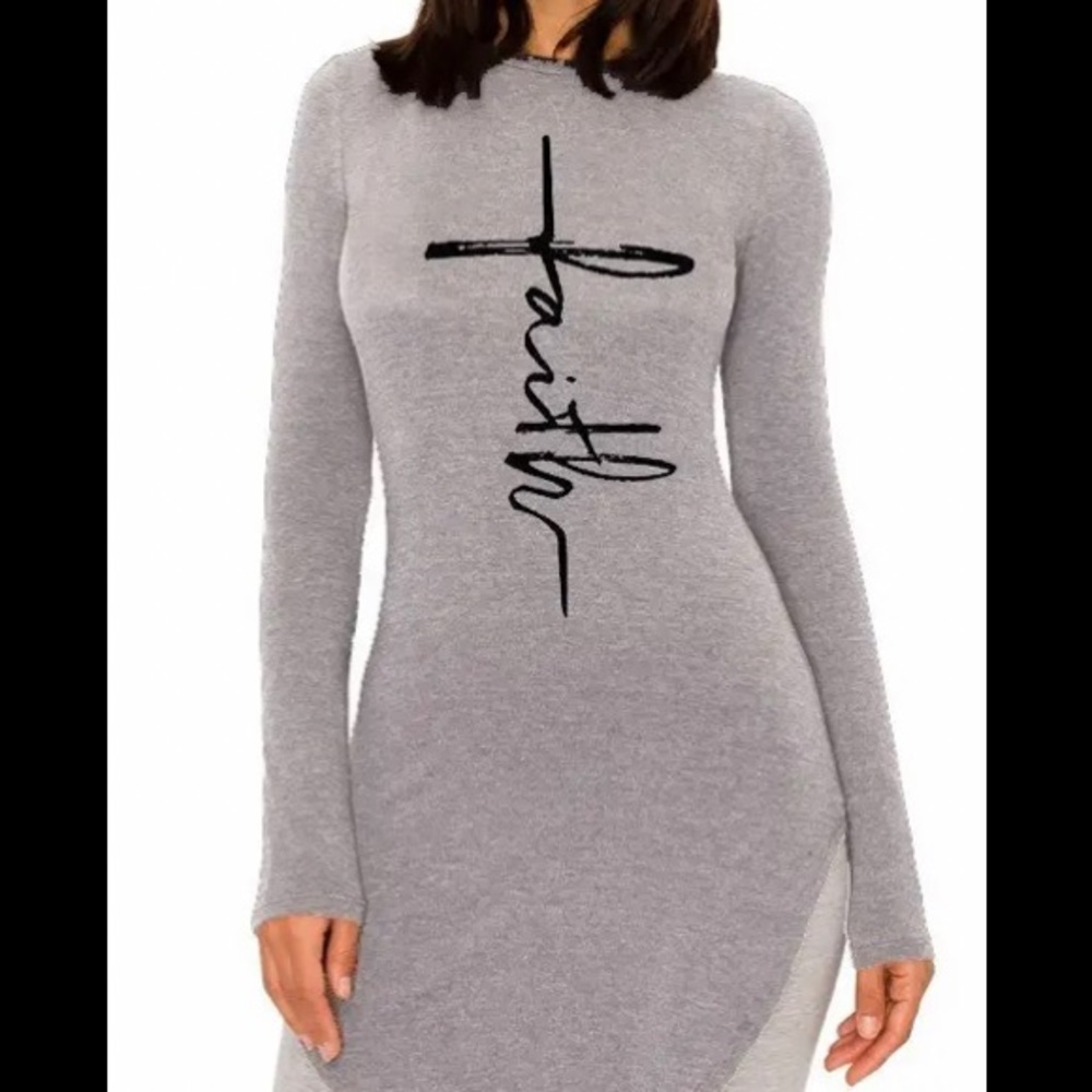 Gray, long sleeve shirt/dress, Faith in black lettering